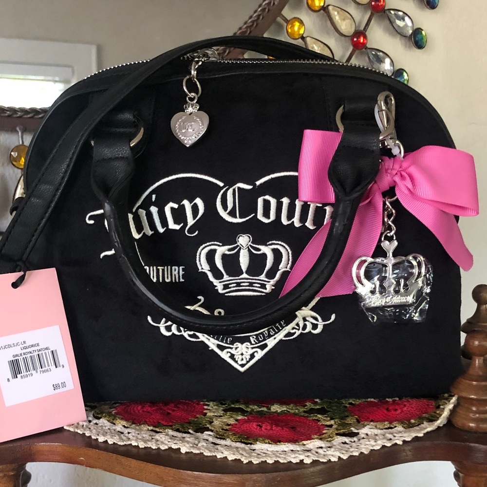 NWT Juicy Couture Black Girlie Royalty Satchel/Crossbody w/Bow & Charm
